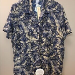 💯 Silk Anna And Frank Navy and Cream Floral Short-Sleeve Button-Down Shirt